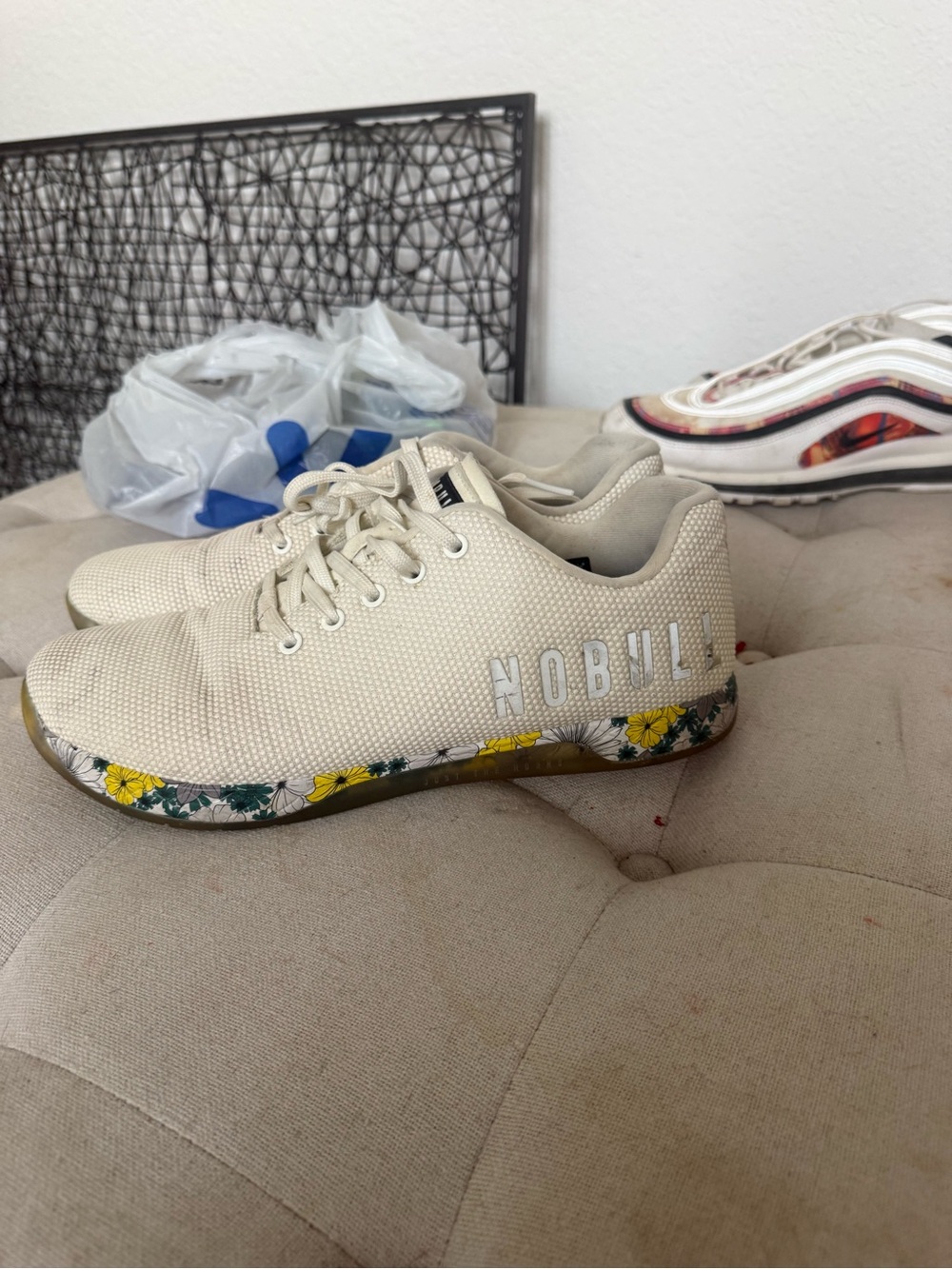 NOBULL Cream Trainer with Yellow Floral-Trim Sole